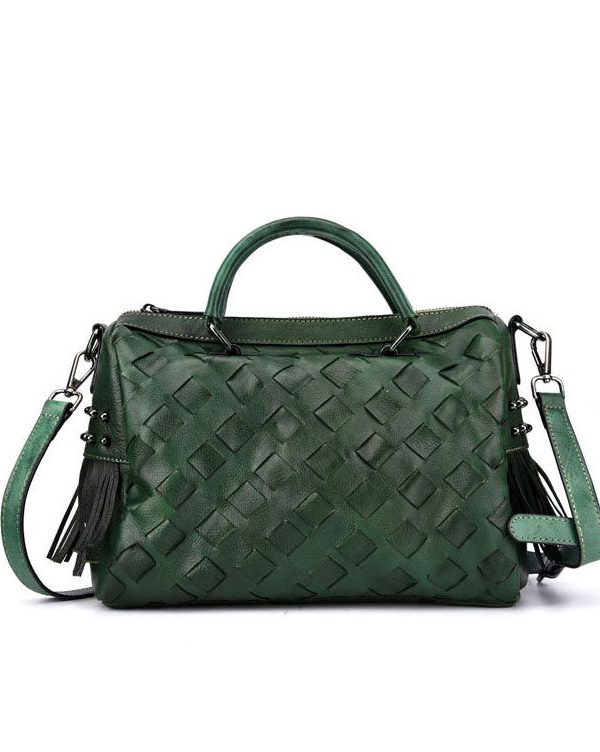 Green weave Paitings Calf Leather Satchel Handbag