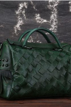 Green weave Paitings Calf Leather Satchel Handbag