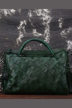 Green weave Paitings Calf Leather Satchel Handbag