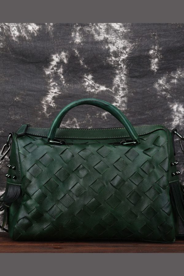 Green weave Paitings Calf Leather Satchel Handbag