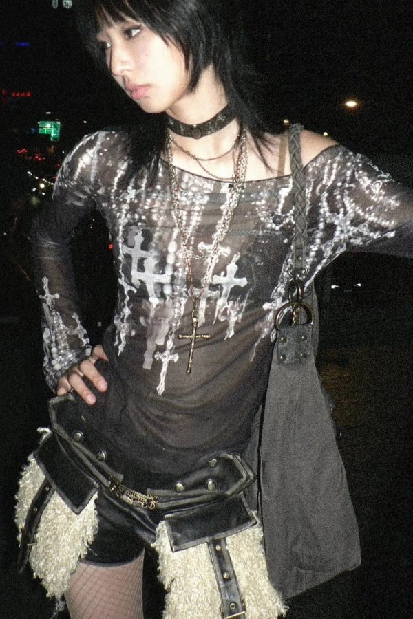 Grunge Cross Wide Neck Mesh Top