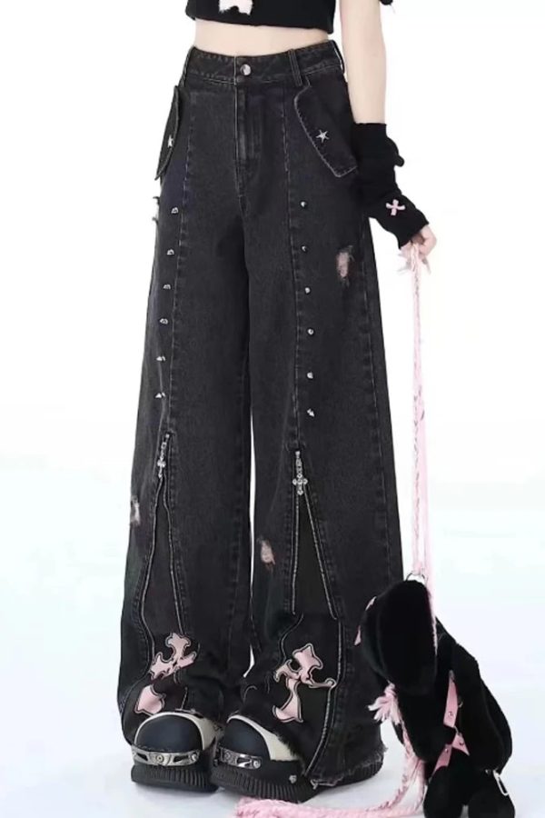 Grunge Cross Zip-Up Jeans