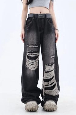 Grunge Dark Wash Distressed Jeans