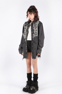 Grunge Distressed Long Denim Jacket