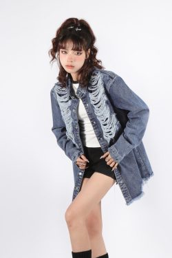 Grunge Distressed Long Denim Jacket