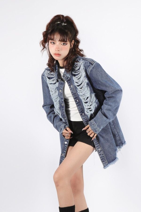 Grunge Distressed Long Denim Jacket