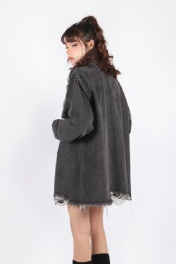 Grunge Distressed Long Denim Jacket