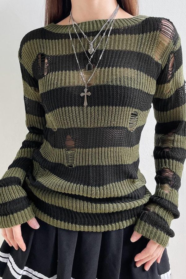 Grunge Distressed Striped Sweater