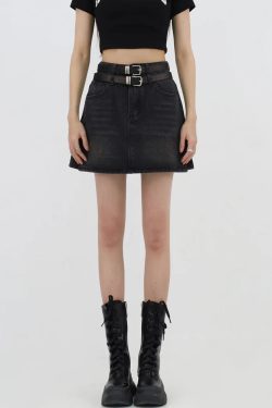 Grunge Double Belt Loop Denim Mini Skirt