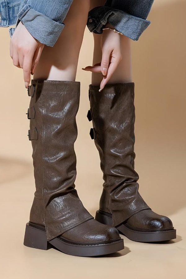 Grunge Faux Leather Belted Boots