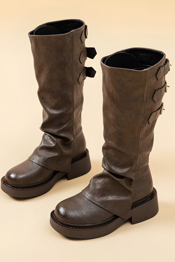 Grunge Faux Leather Belted Boots