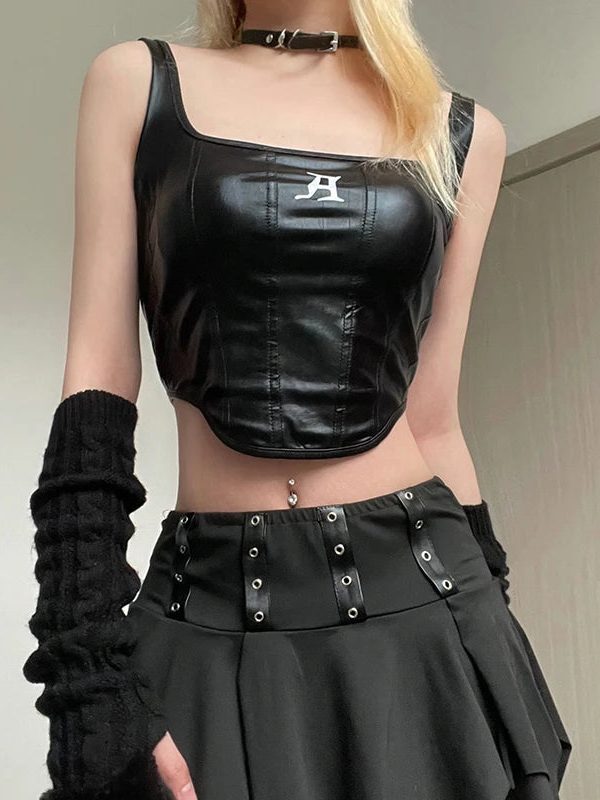 Grunge Faux Leather Crop Corset Top
