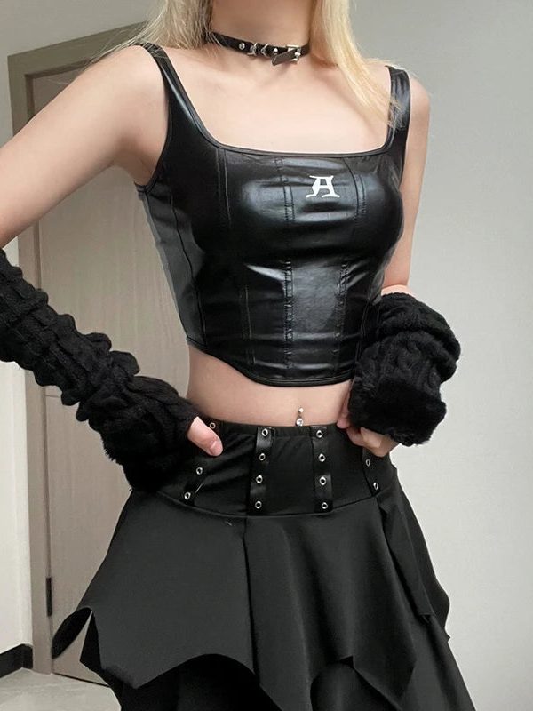 Grunge Faux Leather Crop Corset Top