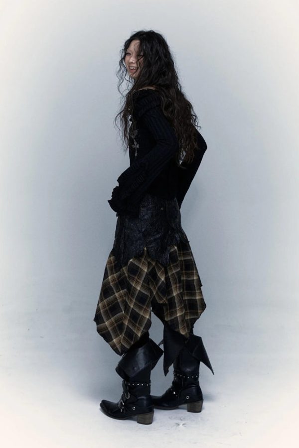 Grunge Faux Leather Plaid Midi Skirt