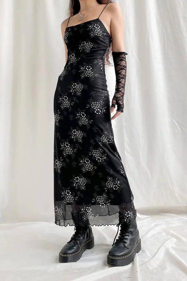 Grunge Floral Mesh Midi Dress