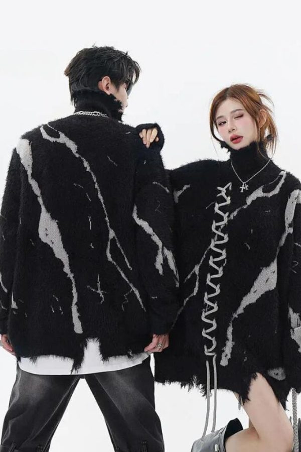 Grunge Fluffy Lace Up Sweater