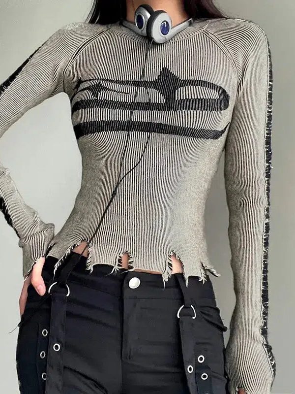 Grunge Long Sleeve Distressed Top