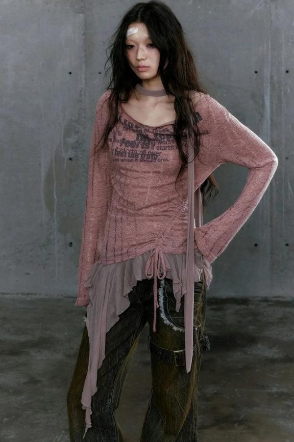 Grunge Neck Tie Ruffled Top