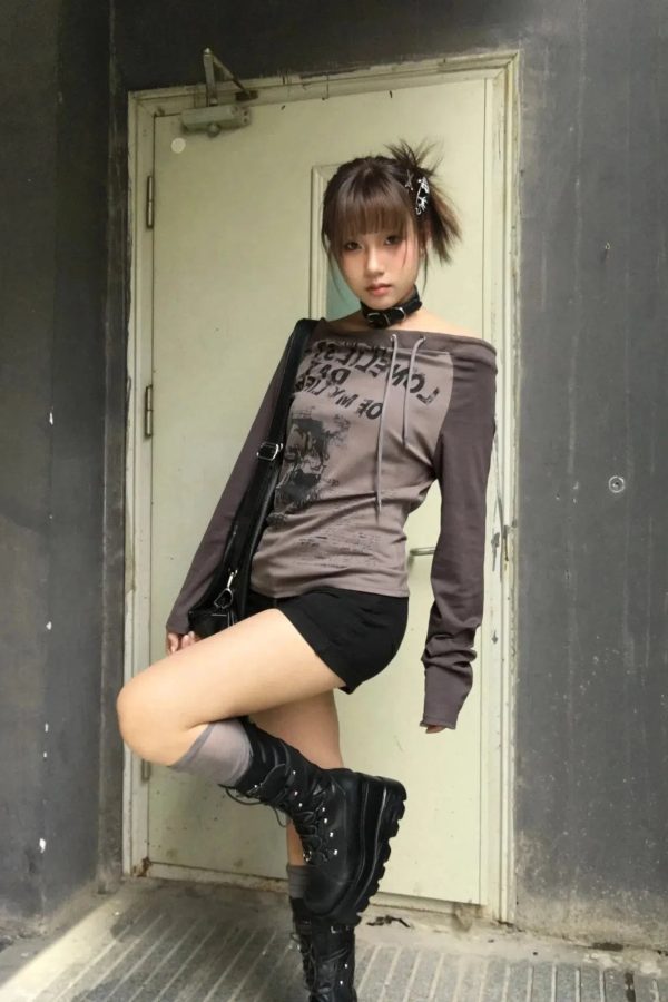 Grunge One Shoulder Drawstring Top