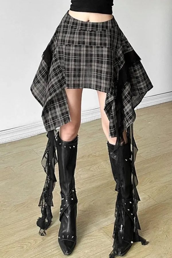 Grunge Plaid Asymmetric Mini Skirt