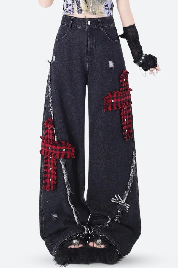 Grunge Plaid Cross Patch Jeans