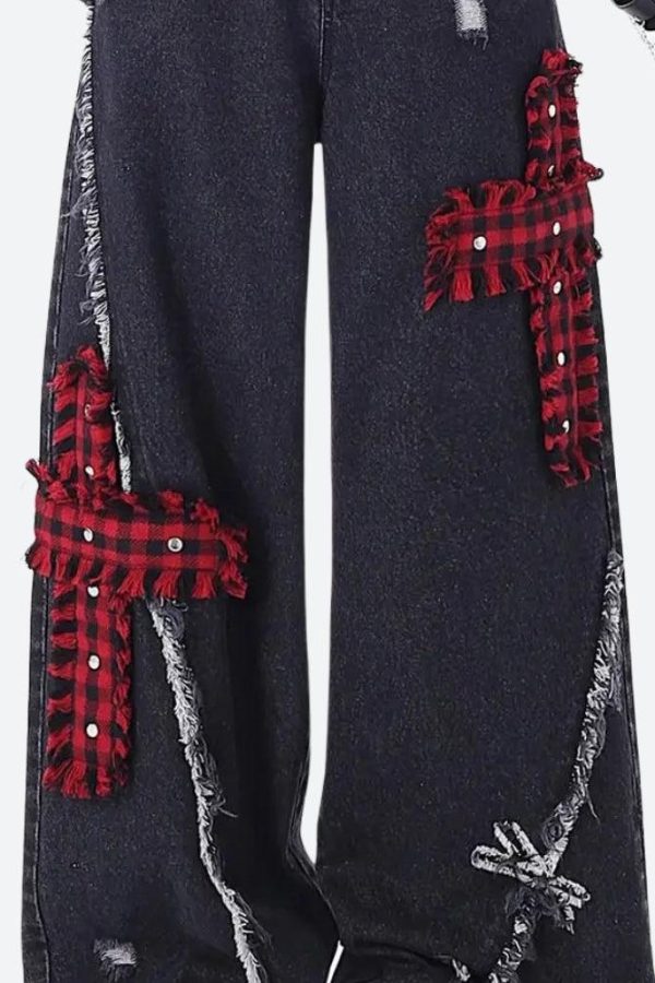 Grunge Plaid Cross Patch Jeans
