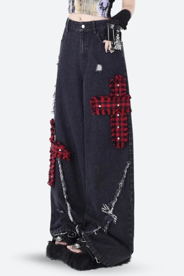 Grunge Plaid Cross Patch Jeans