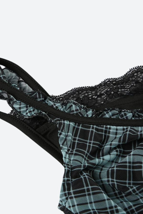 Grunge Plaid Lace Trim Top