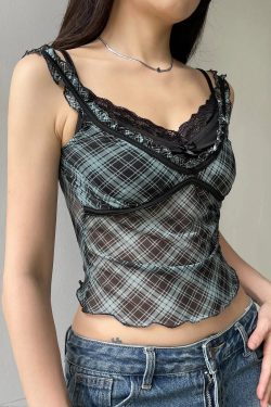 Grunge Plaid Lace Trim Top
