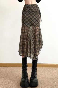 Grunge Plaid Mesh Midi Skirt