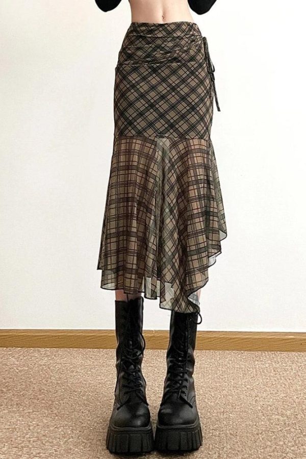 Grunge Plaid Mesh Midi Skirt