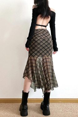 Grunge Plaid Mesh Midi Skirt