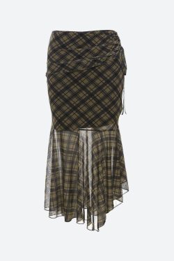 Grunge Plaid Mesh Midi Skirt