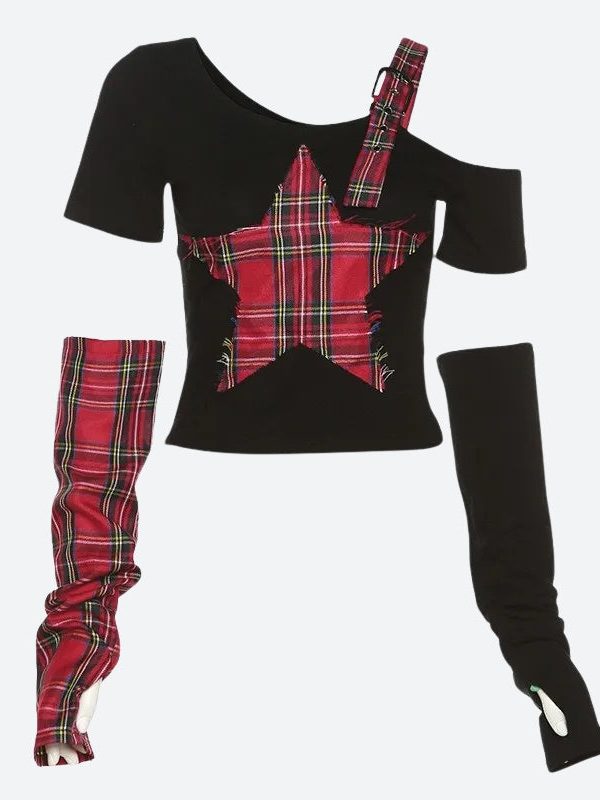 Grunge Plaid Star Patch Top