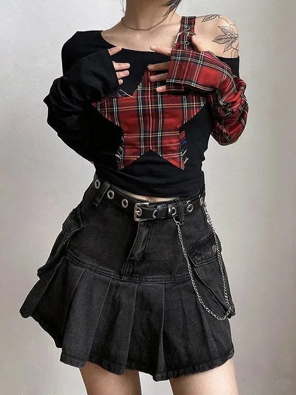 Grunge Plaid Star Patch Top