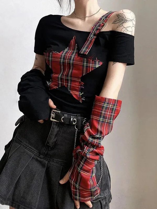 Grunge Plaid Star Patch Top