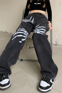 Grunge Skeleton Hand Printed Jeans