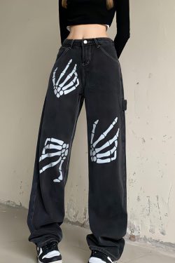Grunge Skeleton Hand Printed Jeans