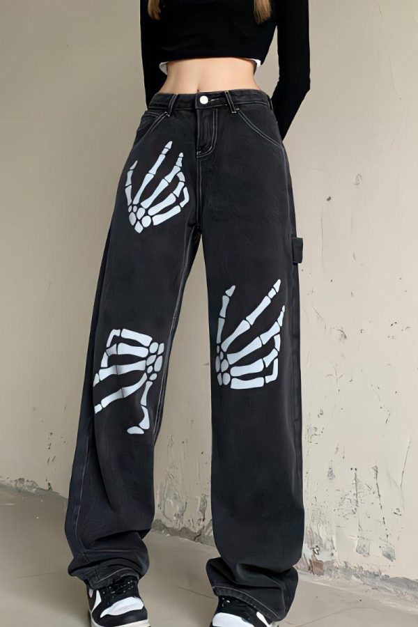 Grunge Skeleton Hand Printed Jeans