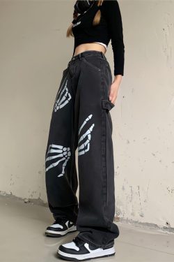 Grunge Skeleton Hand Printed Jeans