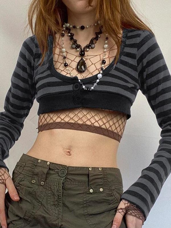 Grunge Striped Button-Up Crop Top