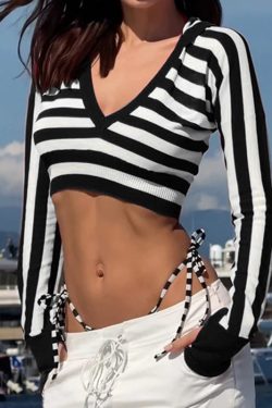 Grunge Striped Hooded Crop Top