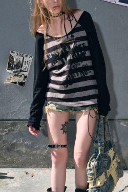 Grunge Striped Off Shoulder Top