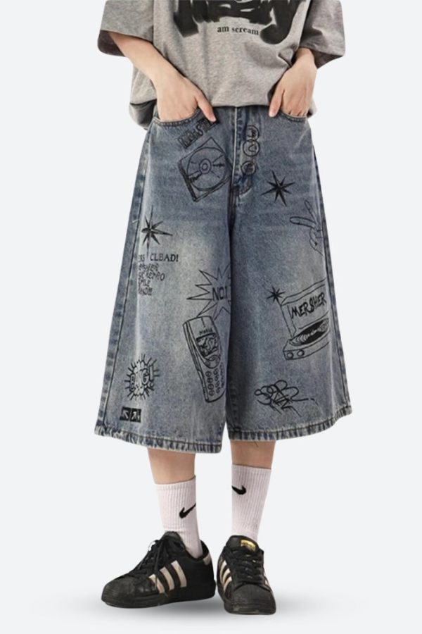 Grunge Wide Leg Denim Shorts