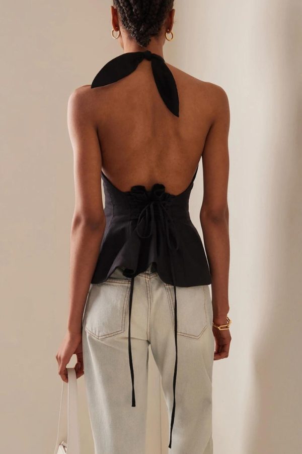 Halter Neck Lace Up Ruched Top