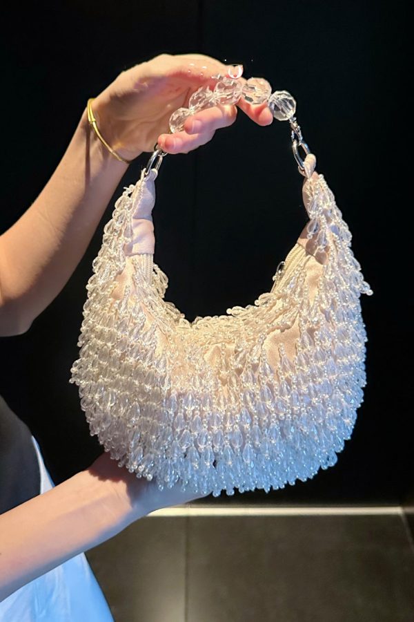 Handmade Beaded Crystal Tassel Satin Tote Handbag