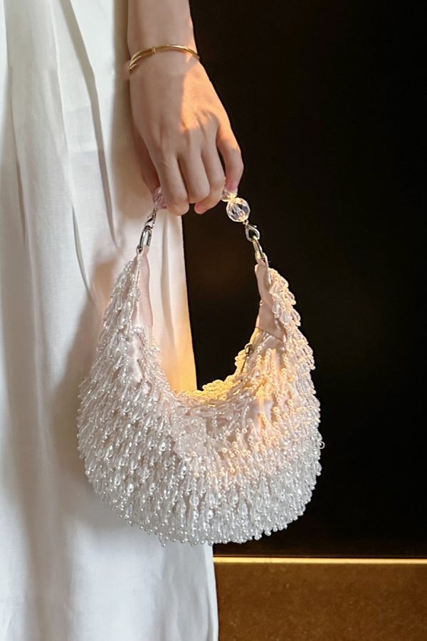 Handmade Beaded Crystal Tassel Satin Tote Handbag