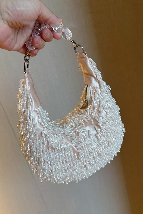 Handmade Beaded Crystal Tassel Satin Tote Handbag