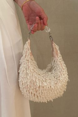 Handmade Beaded Crystal Tassel Satin Tote Handbag
