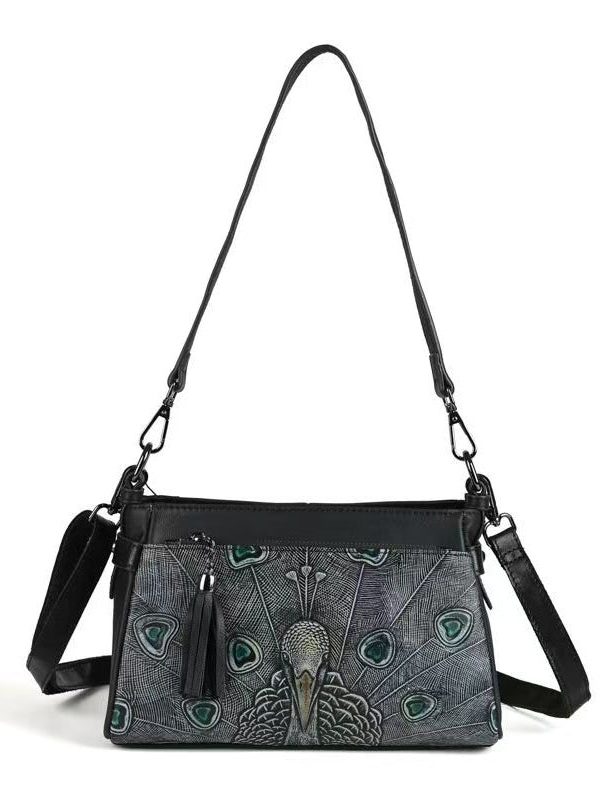 Handmade Black Animal Embossed Calf Leather Satchel Handbag